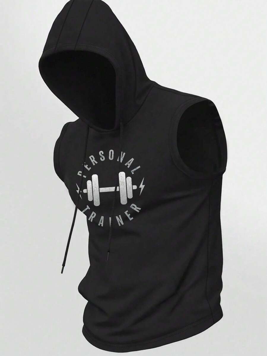 Manfinity Sport Corelite 男士字母印花夏季连帽运动背心 - 黑色 - 查看 1