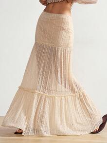 Bohemela 休闲纯色针织蕾丝荷叶边下摆女裙 - 杏色 - 查看 3