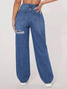 Pantalón femenino casual tipo jeans  de tiro alto con rotos y efecto lavado ajuste regular sin cuello sin mangas primavera verano uso diario pantalón - Azul 3 - Ver 3
