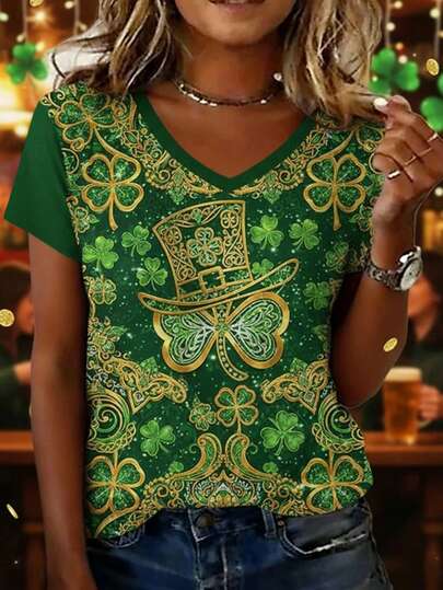 EMERY ROSE St. Patrick's Day Women's T-Shirt Clover Pattern Vintage Casual Short Sleeve V-Neck Regular Fit Top, Suitable For Daily, Weekend, Vacation Wear, Green Printed, Spring/Summer
