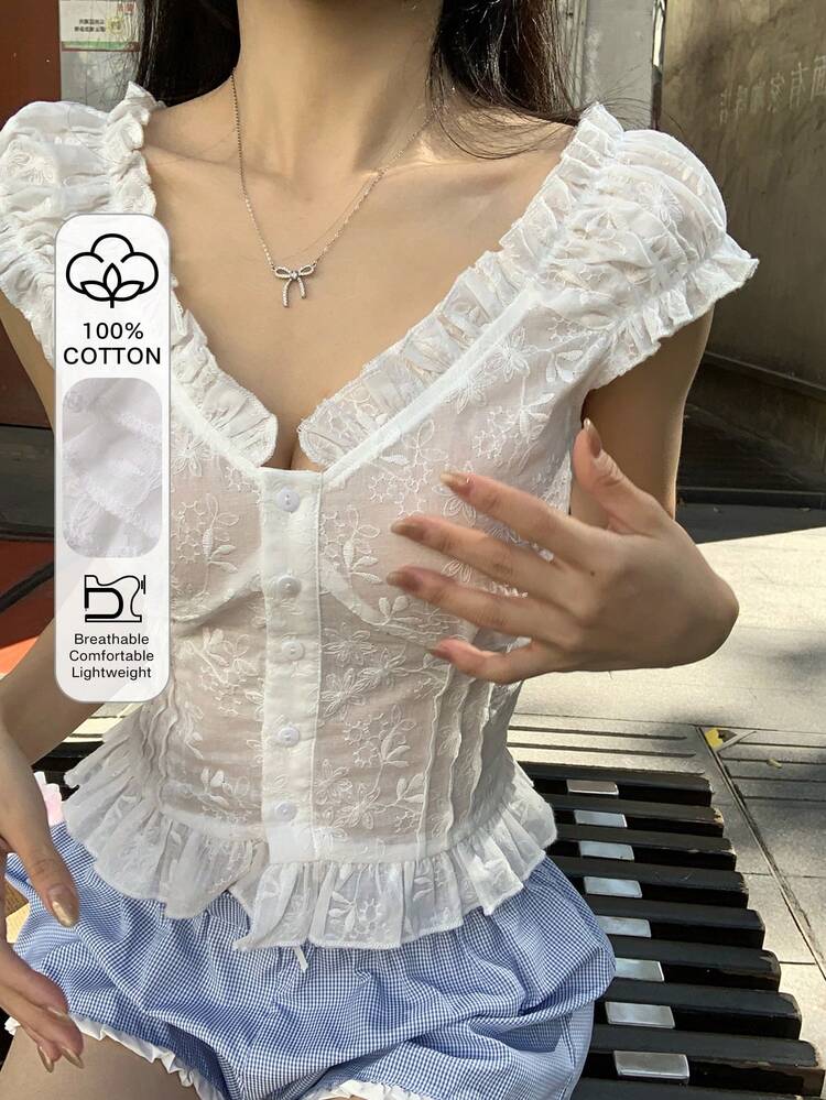 Women's V-Neck Lace Ruffle Trim Fresh Girly Korean Style Summer Blouse Spring