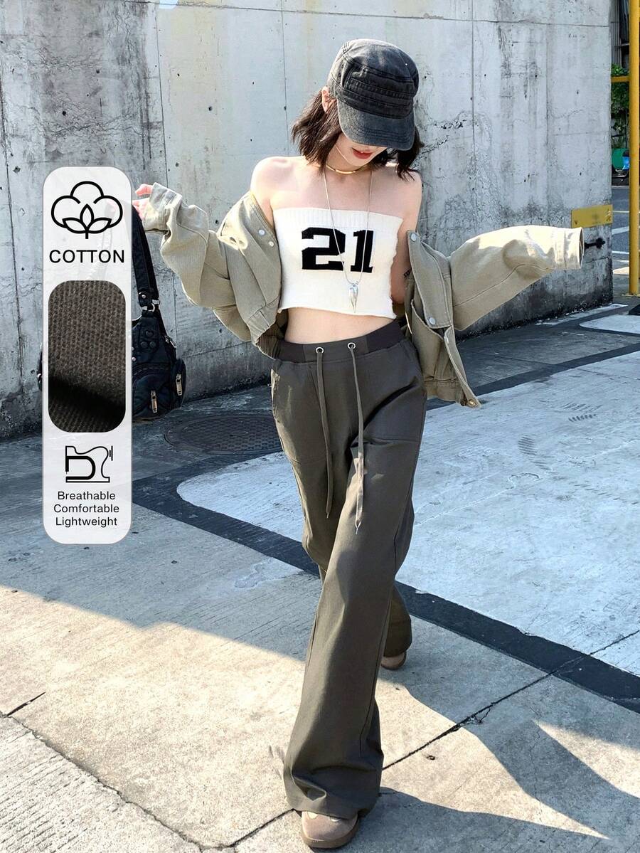 DAZY Women's Casual Korean Style Drawstring Waist Wide Leg Pants - Khaki - View 1