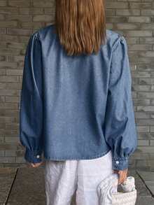 DAZY Áo khoác denim cổ tròn thêu hoa trang trí cho nữ, phong cách thành thị thanh lịch - Rửa trung bình - Xem 3