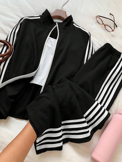 Comfortcana 2pcs Plus Size Women Casual Sports Striped Ribbon Zip Front Jacket And Pants Set Tracksuit Women Set Jogger Sets For Women 2 Piece Casual Sets Woman