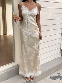 Sweetra Elegant French Style Jacquard Print Bright Yellow Camisole Paired With Graceful Lace Patchwork Midi Skirt, Women 2-Piece Set - Yellow - View 7