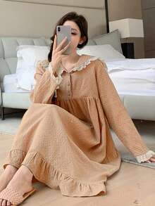 DAZY Sweet Polka Dot Chiffon Fabric Contrast Ruffle Trim Loose Fit Navy Collar Women Nightgown - Khaki - View 6