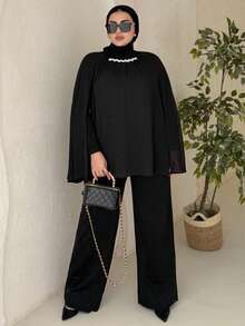 Dazy Plus Pearl Decor Chiffon Long Sleeve Black Blouse For Party - Black - View 9