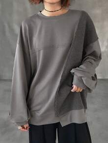 FRIFUL Damen lässiges, locker geschnittenes T-Shirt mit Rundhalsausschnitt , Drop-Shoulder, langärmlig, vielseitig einsetzbar - Grau - Übersicht 9