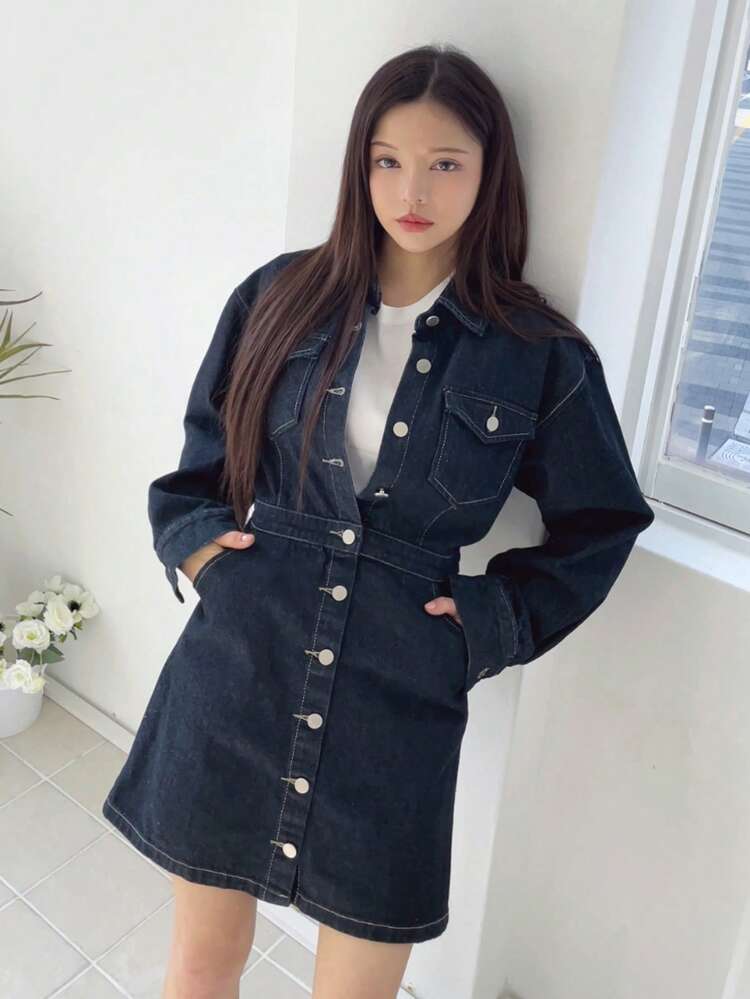 Washed Denim Shirt Dress Women Vintage Skirt Cinched Waist Dress