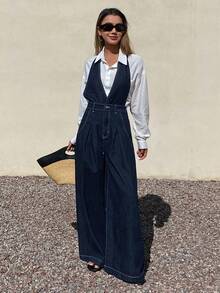 DAZY 女士露背系带深V领牛仔连体裤 - 深色水洗藍 - 查看 2