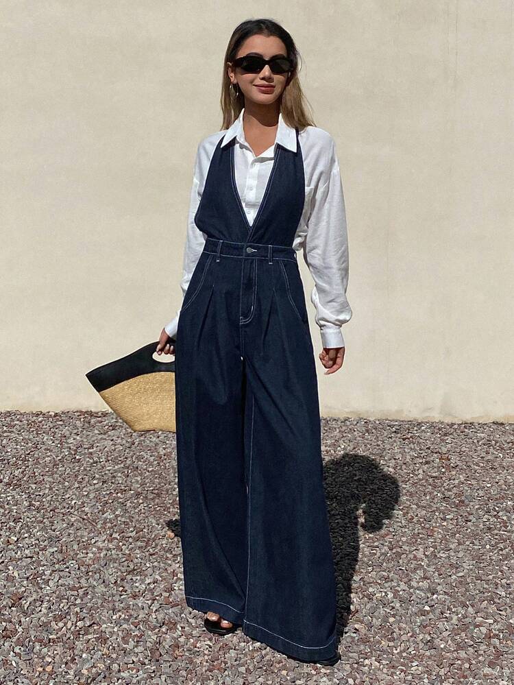 Women's Halter Tie Deep V-Neck Denim Jumpsuit