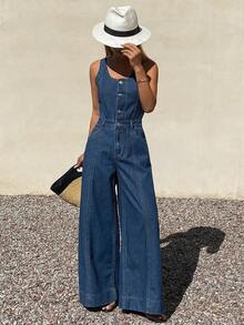 DAZY Women's Sleeveless Adjustable Strap Loose Straight Leg Casual Denim Jumpsuit Vacation
