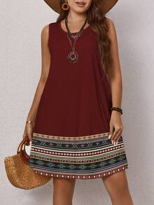 EMERY ROSE 几何印花波西米亚风大码女式休闲简约无袖圆领连衣裙，适合夏季度假 - 彩色 - 查看 3