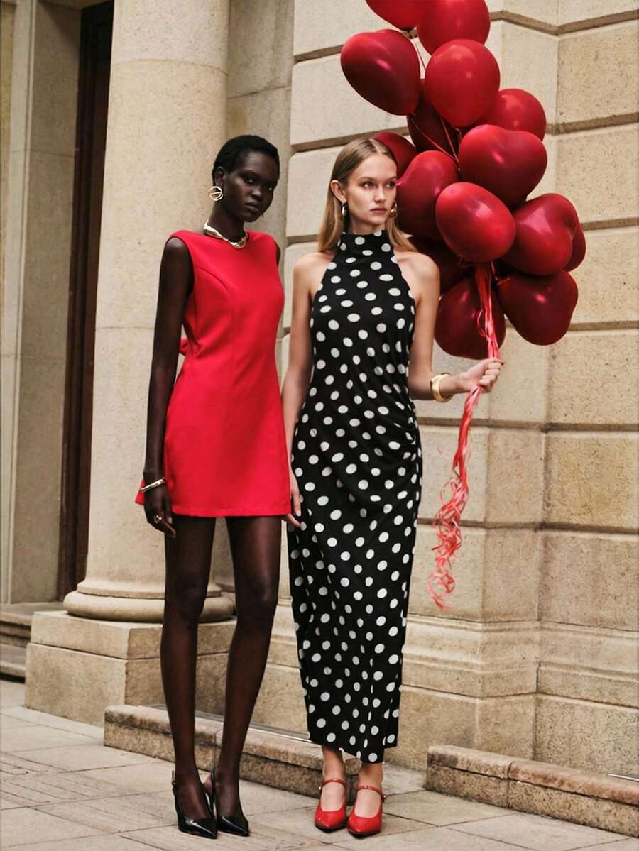 Lumivelle Elegant Black And White Polka Dot Summer Halter Neck Maxi Dress,Satin French Retro Backless Bowknot Design,Side Ruched Waist Fitted Long Date Dress - Black - View 1