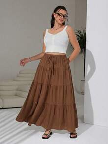 Plus Size Women Casual Everyday Commute Simple Solid Color Drawstring Waist Tiered Hem Skirt, Spring/Summer/Autumn - Brown - View 3