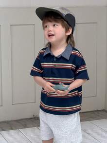 Dazy Kids Toddler Boys' Striped Polo Collar Short Sleeve Top - Royal Blue - View 9