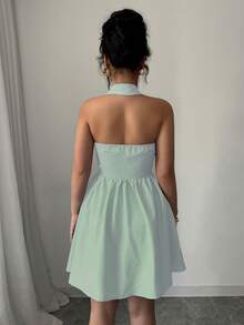 Elenzga Đầm ngắn nữ kẻ sọc cổ yếm cài một hàng cúc, kiểu dáng thời trang, thanh lịch, thích hợp cho hẹn hò và dự tiệc. - màu xanh lá - Xem 2