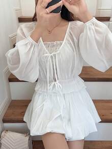 FRIFUL 2pcs Women's Spaghetti Strap Camisole Set, Ruffled Hem Elastic Camisole Top With Tie Waist, Lantern Sleeve Loose Cover Up, Sweet Summer Vacation Outfit From Spring To Summer - White - View 4