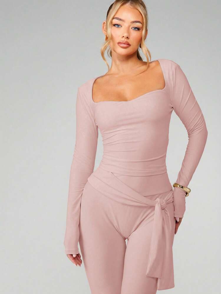 MISSGUIDED Ribbed Long Sleeve Bodycon Midi Dress With Square Neckline And Side Tie Detail For Women