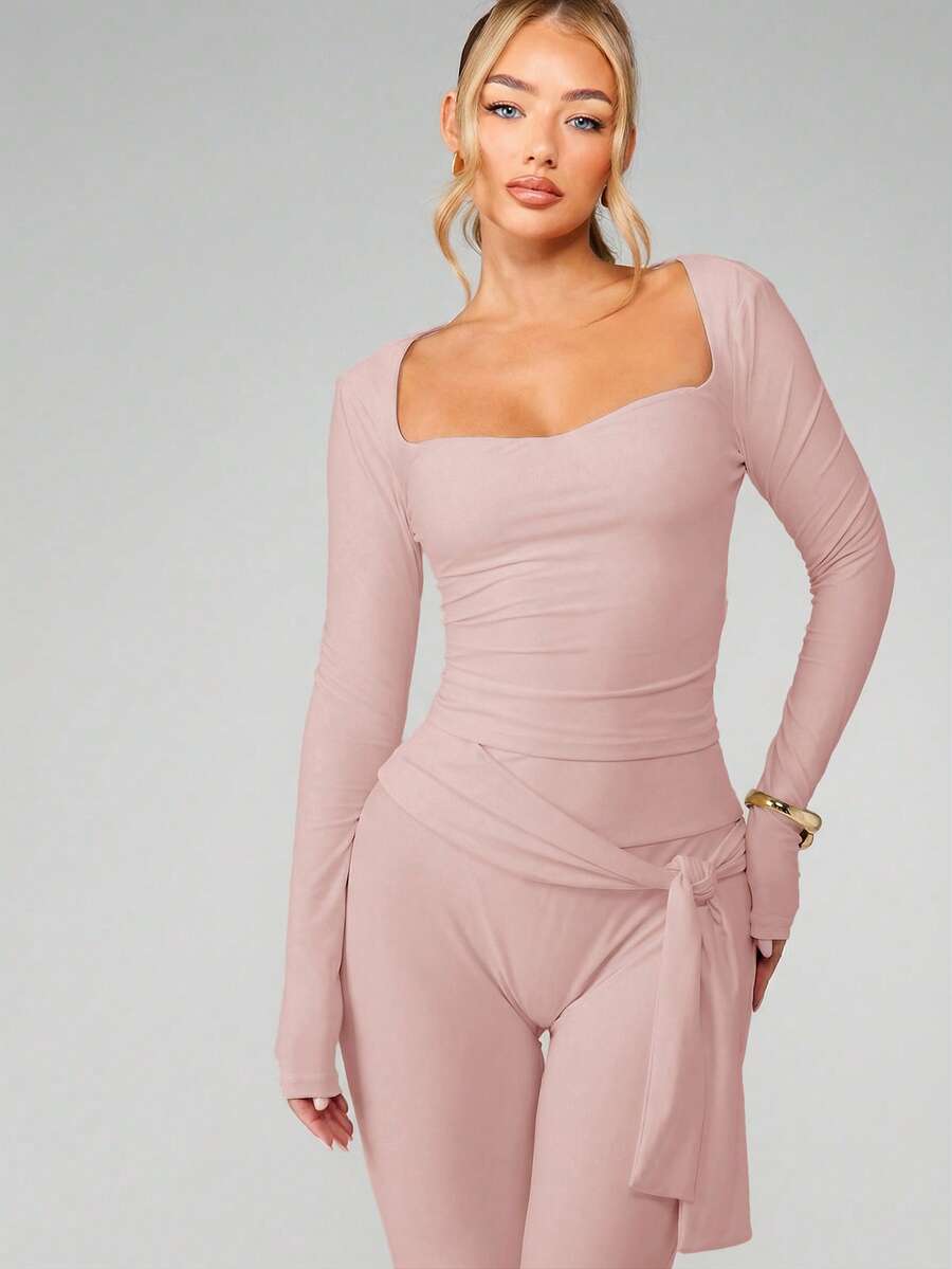 MISSGUIDED Ribbad långärmad bodycon-midiklänning med fyrkantig halsringning och knytband i sidan för kvinnor - Rosa - Visa 1