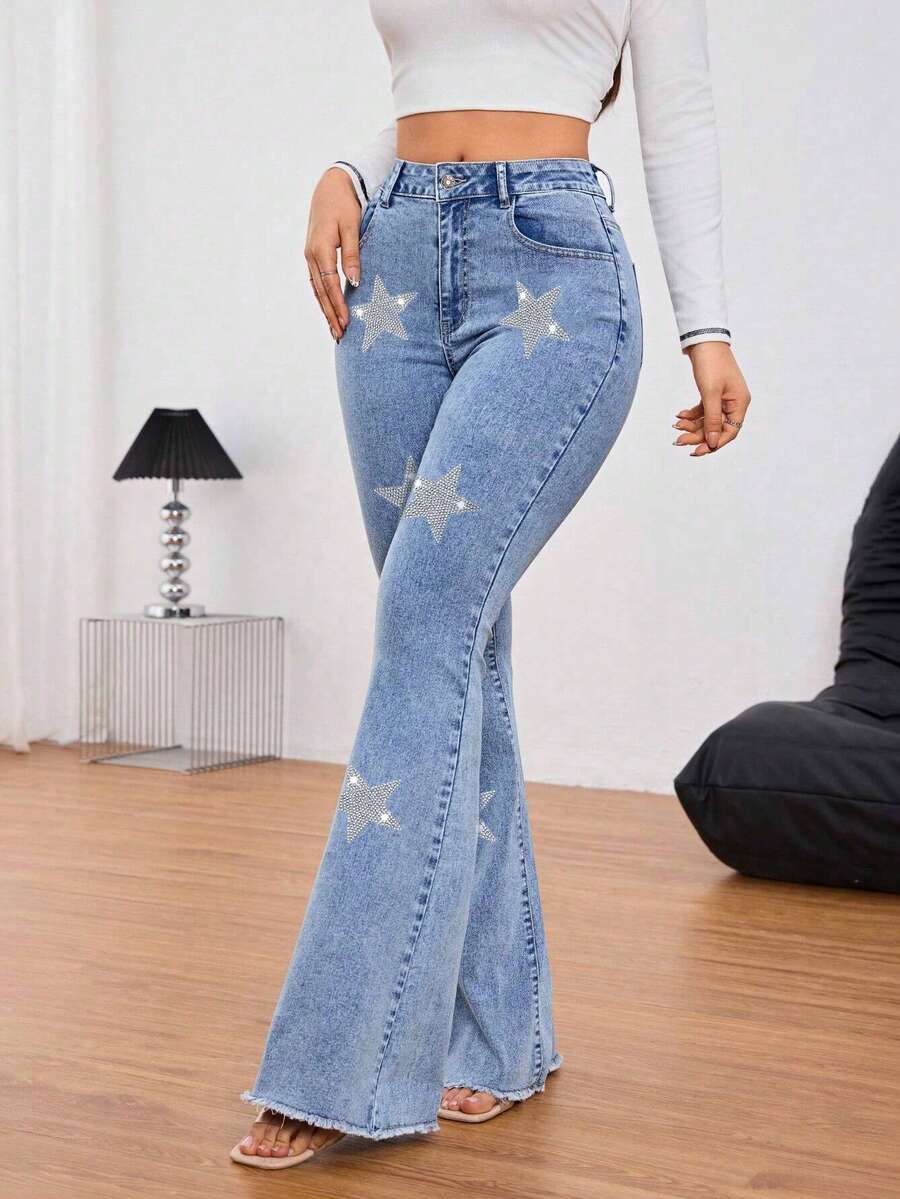 Vaqueros acampanados elegantes para mujer, largos, muy elásticos, con detalles lavados y bolsillos. - Gris - Ver 1