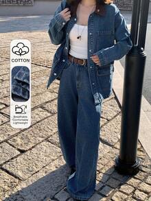 DAZY Conjunto casual de dos piezas de mujer con parches de color contrastante y denim lavado - Azul - Ver 1