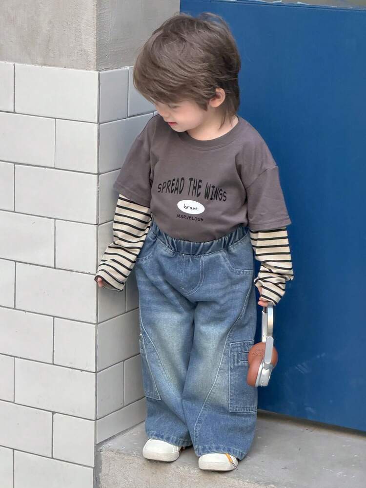 Toddler Boys' Round Neck Long Sleeve Contrast Color Striped Korean Style Top