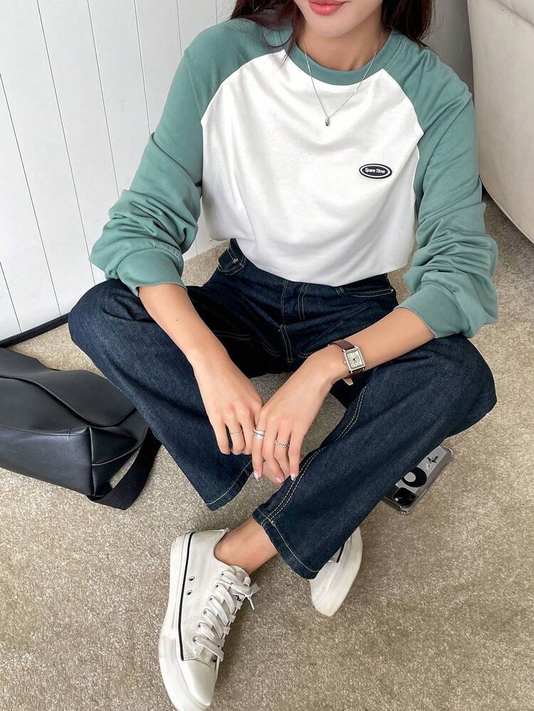 Letter Patched Colorblock Raglan Sleeve Tee,Fall Clothes Preppy Tops Long Sleeve Women Tops