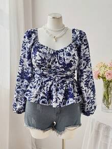 Flirla Plus Size Vintage French Collar Printed Cinched Waist Long Sleeve Shirt, Spring/Autumn - Multicolor - View 3
