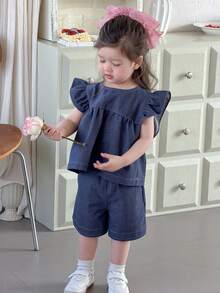 DAZY 女童春夏牛仔风荷叶边无袖上衣短裤两件套 - 藍色 - 查看 9