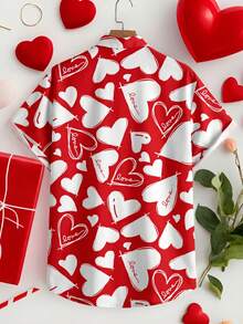 Manfinity Homme Men's Casual Valentine's Day Red & White Heart Print Slim Fit Short Sleeve Shirt, Slim Fit Shirt, Valentine's Day Gift For Boyfriend - Multicolor - View 5