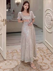 DAZY 高端奢华亮片装饰长款晚礼服，优雅正式晚宴礼服，闪亮连衣裙，长款吊带裙 - 金色 - 查看 2