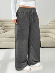Solflare Quần ống rộng dáng suông màu trơn có dây rút dành cho nữ cỡ lớn, thích hợp cho các hoạt động mùa thu/đông. - Xám - Xem 4