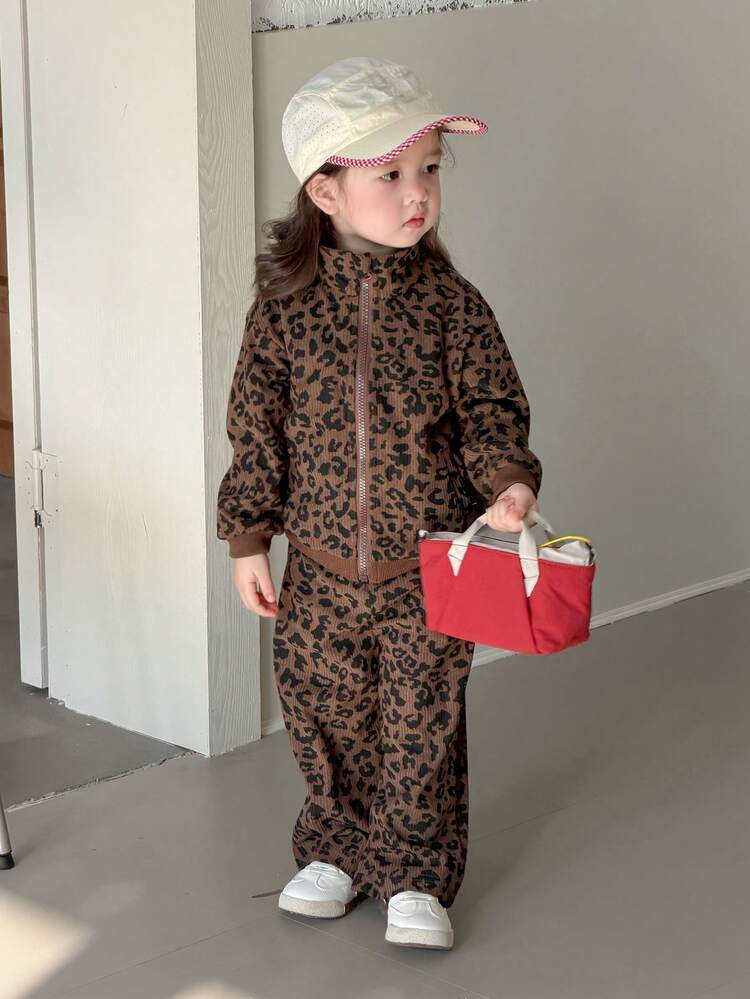 2pcs Baby Girls Leopard Print Casual Sweatshirt And Loose Pants Set, Spring/Autumn Toddler Girls Clothes