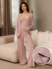DAZY 3件套针织蕾丝珍珠纽扣装饰吊带背心、睡袍和睡裤女士睡衣套装，秋冬款 - 粉色 - 查看 4