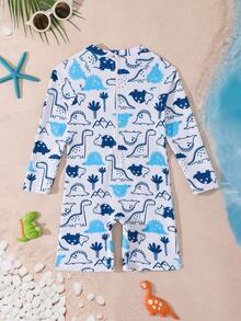 小男孩可爱恐龙印花插肩袖连体泳衣 - 藍白色 - 查看 2