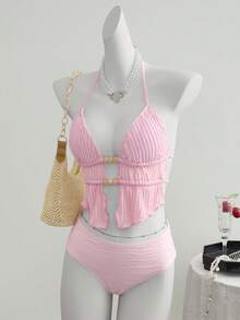 Swim Mod Women's Summer Beach Vacation Pink Front Tie Beaded Asymmetrical Hem Halter Swimsuit Top - Pink - View 3