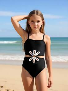 女童豹纹镂空连体泳衣，舒适时尚 - 黑色 - 查看 1