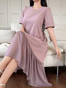 DAZY Women's Elegant Patchwork Ruffle Trim Round Neck Midi Dress Wedding Guest Dress - Purple - View 6