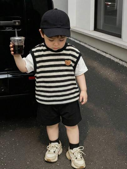 SHEIN 2pcs/Set Unisex Baby Boy/Girl Cute Bear & Black/White Striped 2 In 1 T-Shirt Knit Top And Black Shorts Set, Spring/Summer Baby Boy Clothes, Outfits, Baby Boy Short Sleeve Tops Toddler Boy Clothes Summer Sets Baby Boy Street Wear Baby Boy Casual Set