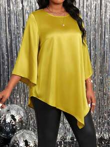 SHEIN Lady Plus Size Elegant Asymmetric Hem Solid Color Shirt, Autumn Spring To Summer Elegant Blouses For Ladies Elegant Women's Blouses Elegant Women's Blouses Shiny Top  Valentine Clothes Valentine's Day Wedding Elegant Dresses For Women Elegant Dresses For Women Wedding Guest Dress Elegant Party Dresses - Yellow - View 1