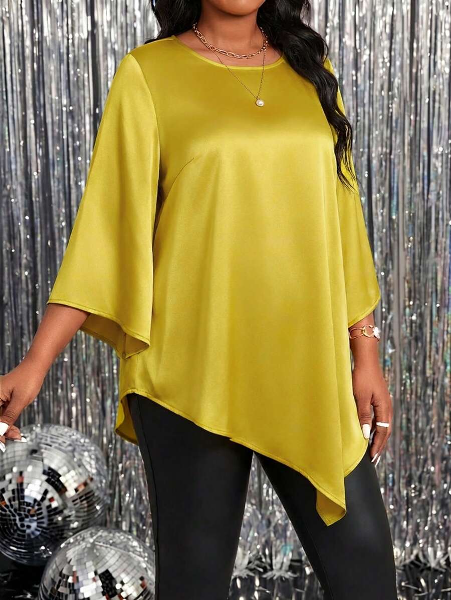 SHEIN Lady Plus Size Elegant Asymmetric Hem Solid Color Shirt, Autumn Spring To Summer Elegant Blouses For Ladies Elegant Women's Blouses Elegant Women's Blouses Shiny Top  Valentine Clothes Valentine's Day Wedding Elegant Dresses For Women Elegant Dresses For Women Wedding Guest Dress Elegant Party Dresses - Yellow - View 1