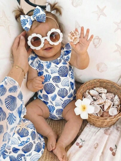SHEIN Baby Girl Shell Print Casual Minimalist Fitted One-Piece Swimsuit, Suitable For Summer Beach, Vacation, And Photoshoot