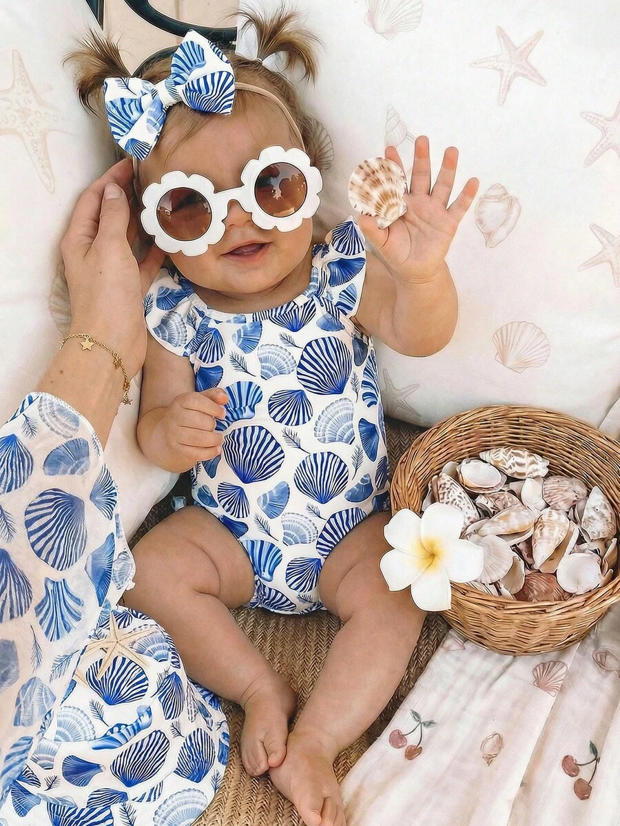 SHEIN Baby Mädchen Muschel Muster Lässig Minimalist Figurbetonter Einteiler Badeanzug, geeignet für Sommer Strand, Urlaub und Fotoshootings - Verschiedenfarbig - Übersicht 1