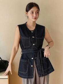 Dazy-Less 女士秋冬圆领单排扣多口袋休闲无袖牛仔外套 - 藍色 - 查看 6