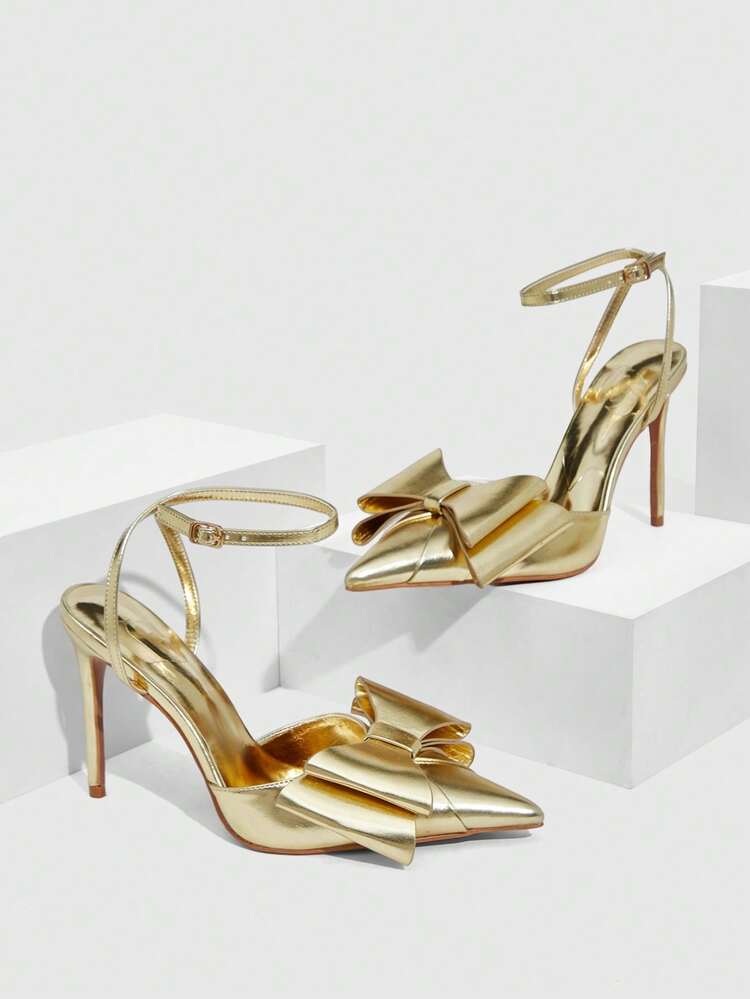 CUCCOO SZL Women's Gold Metallic PU Silver Rhinestone Bow Tie Strap Sexy Pointed Toe Fashionable Glamorous Nightclub French Style Hollow Out Stiletto High Heel Shoes