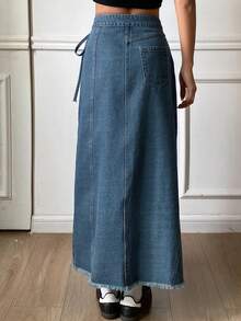 DAZY 女士侧裹式系带休闲牛仔不对称设计半身裙 - 中等水洗藍 - 查看 4