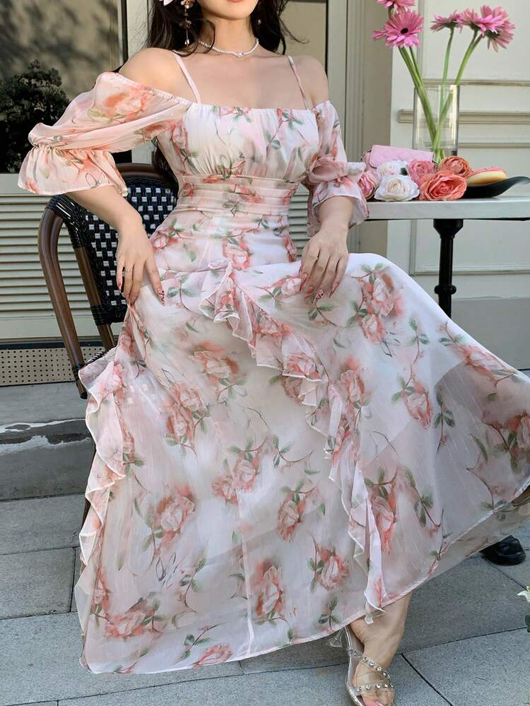 Pink Square Neck Ruffle Waist Elegant Ditsy Floral Midi Dress For Party Wedding Guest Sundress Boho