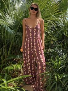 DAZY Floral All-Over Print Sleeveless V-Neck Jumpsuit Loungewear - Brown - View 1