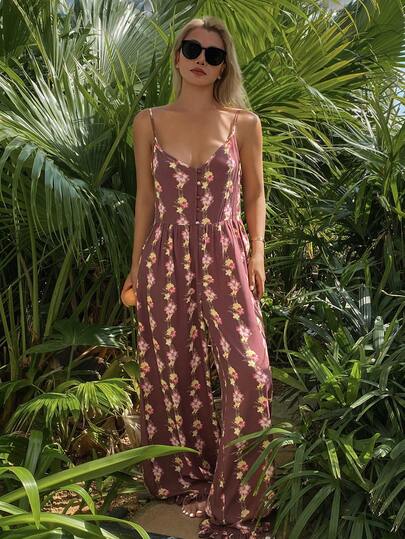 DAZY Floral All-Over Print Sleeveless V-Neck Jumpsuit Loungewear